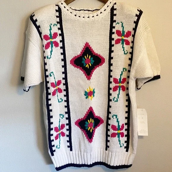 Vintage Lauren Grey Knit Floral Colorful Short Sleeve Sweater NWT Oversized Sz M - Picture 2 of 7